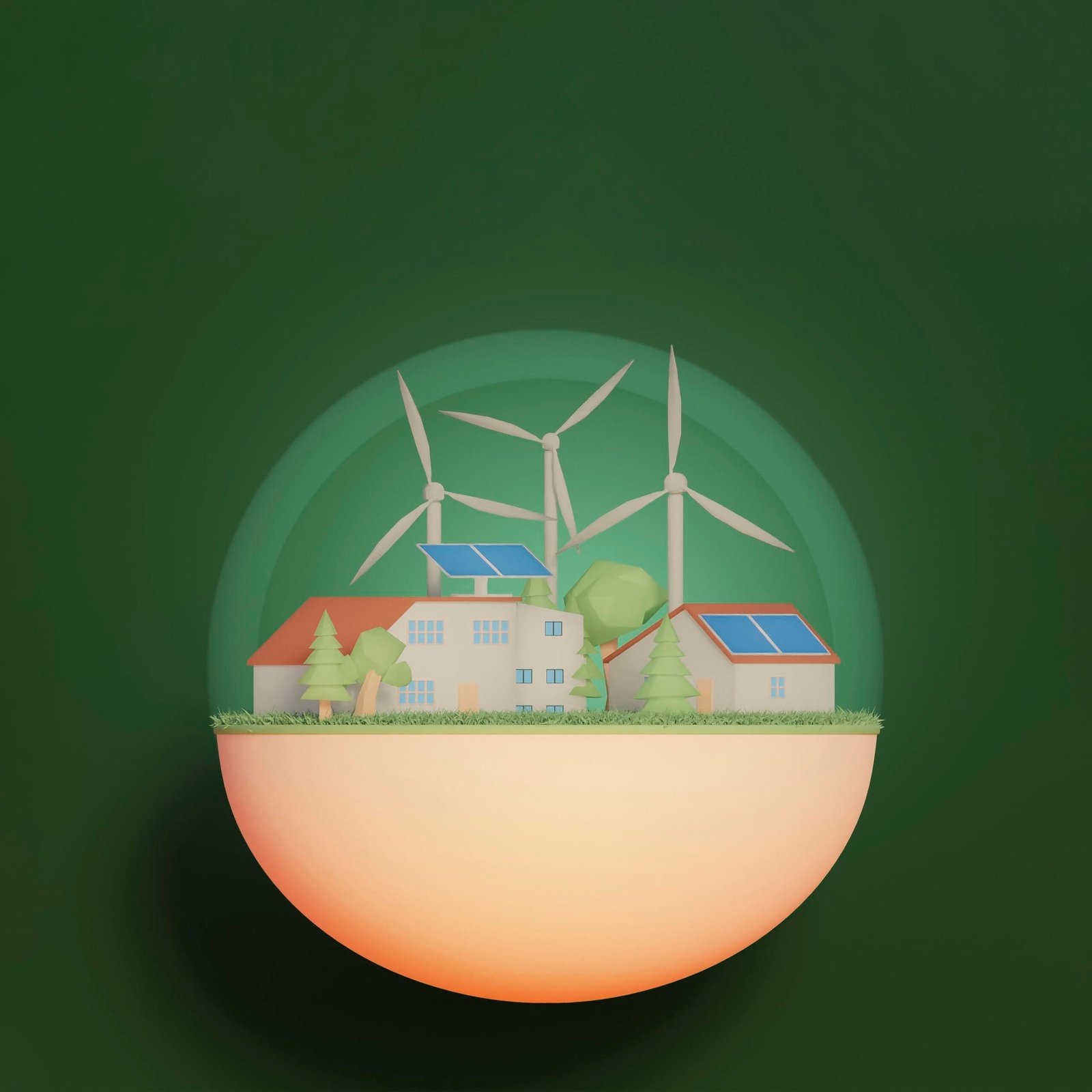 miniature ecosystem enclosed within glass sphere,houses with solar panel on their roof and many wind turbines on the landscape